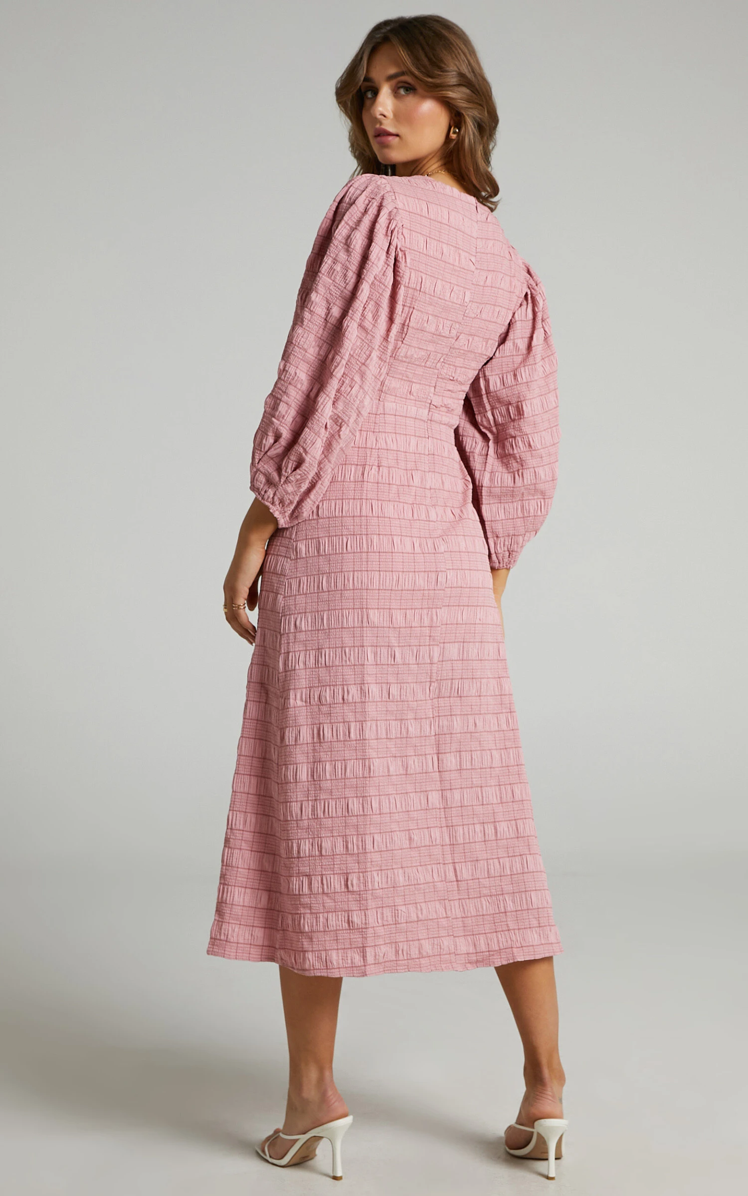 Showpo Tabatha Puff Sleeve Cut Out Midi Dress In Pink Check 8 Showpo Tabatha Puff Sleeve Cut Out Midi Dress In Pink Check - Image 8