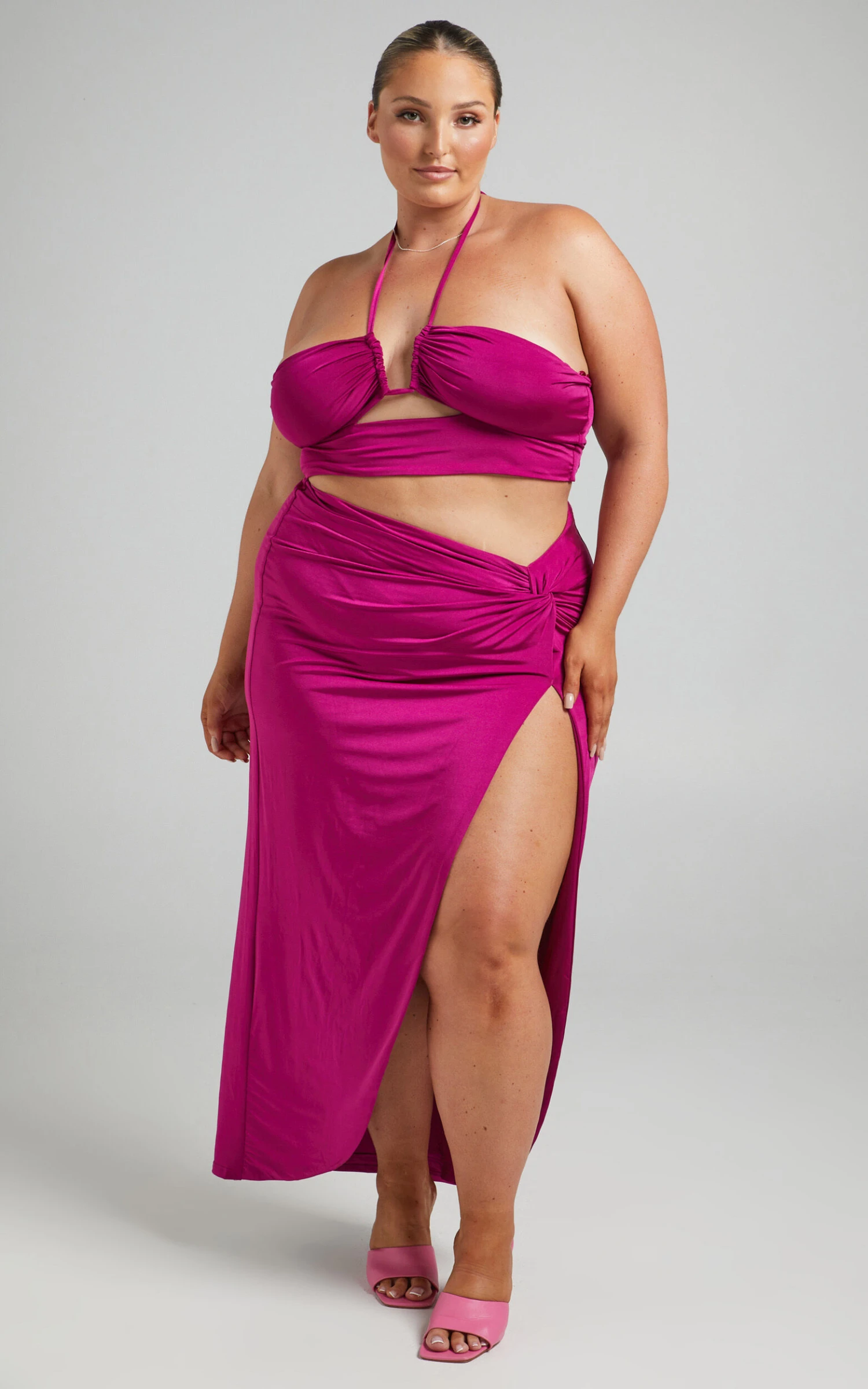 Showpo Forrest Halter Neck Top Twist Midi Skirt Two Piece Set In Berry 5 Showpo Forrest Halter Neck Top Twist Midi Skirt Two Piece Set In Berry - Image 5