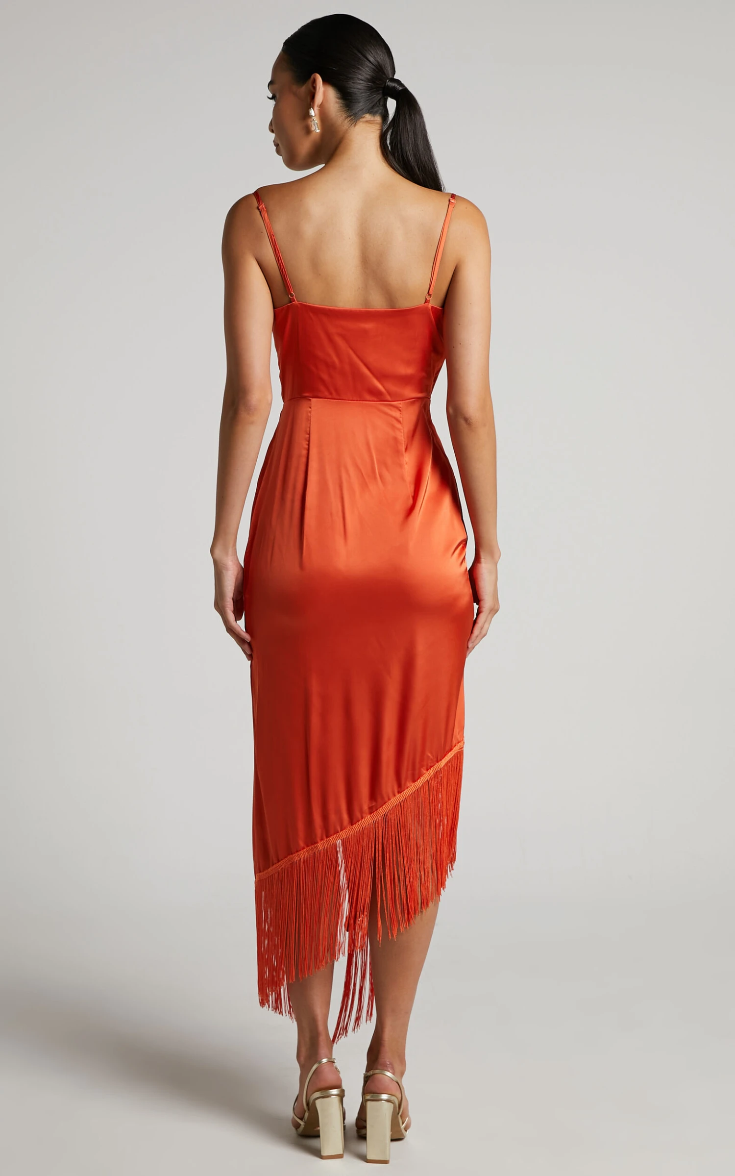 Showpo Rholie Plunge Neck Fringe Hem Fixed Wrap Midi Dress In Burnt Orange - Image 8