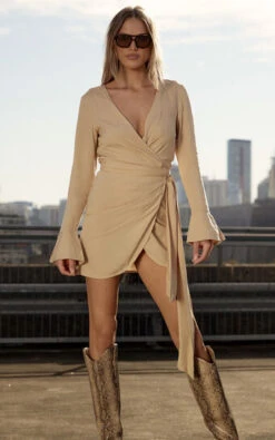 Showpo Aelwyd Long Sleeve Wrap Mini Dress In Sand