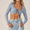 Showpo Aiza Crossover Front Cut Out Long Sleeve Crop Top In Steel Blue