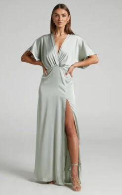 Showpo Azrael Maxi Dress - Angel Sleeve Thigh Split Plunge Neck Satin Dress In Sage