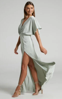 Showpo Azrael Maxi Dress - Angel Sleeve Thigh Split Plunge Neck Satin Dress In Sage -Showpo Women's Clothing Store AZRAEL S S maxi dress in Sage 2528SD22050110012529 2