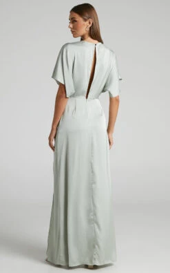 Showpo Azrael Maxi Dress - Angel Sleeve Thigh Split Plunge Neck Satin Dress In Sage -Showpo Women's Clothing Store AZRAEL S S maxi dress in Sage 2528SD22050110012529 4