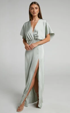 Showpo Azrael Maxi Dress - Angel Sleeve Thigh Split Plunge Neck Satin Dress In Sage -Showpo Women's Clothing Store AZRAEL S S maxi dress in Sage 2528SD22050110012529 6