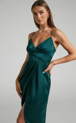 Showpo Azrael Maxi Dress - V Neck Satin Tulip Dress In Emerald -Showpo Women's Clothing Store AZRAEL TULIP MAXI DRESS in Emerald 2528SD22050109042529 5