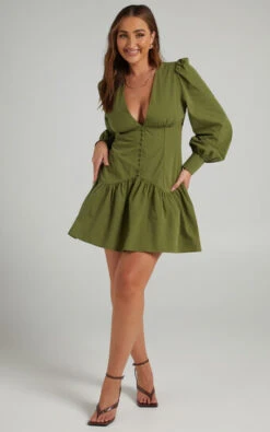 Showpo Carlyle Long Sleeve Mini Dress With Corset Detailing In Khaki