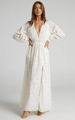Showpo Abellita Plunge Neck Bishop Sleeve Broderie Trim Maxi Dress In Cream 9 Showpo Abellita Plunge Neck Bishop Sleeve Broderie Trim Maxi Dress In Cream -Showpo Women's Clothing Store Abellita trim slit maxi dress in Cream 2528SD22030082012529