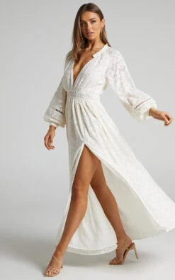 Showpo Abellita Plunge Neck Bishop Sleeve Broderie Trim Maxi Dress In Cream 8 Showpo Abellita Plunge Neck Bishop Sleeve Broderie Trim Maxi Dress In Cream -Showpo Women's Clothing Store Abellita trim slit maxi dress in Cream 2528SD22030082012529 1