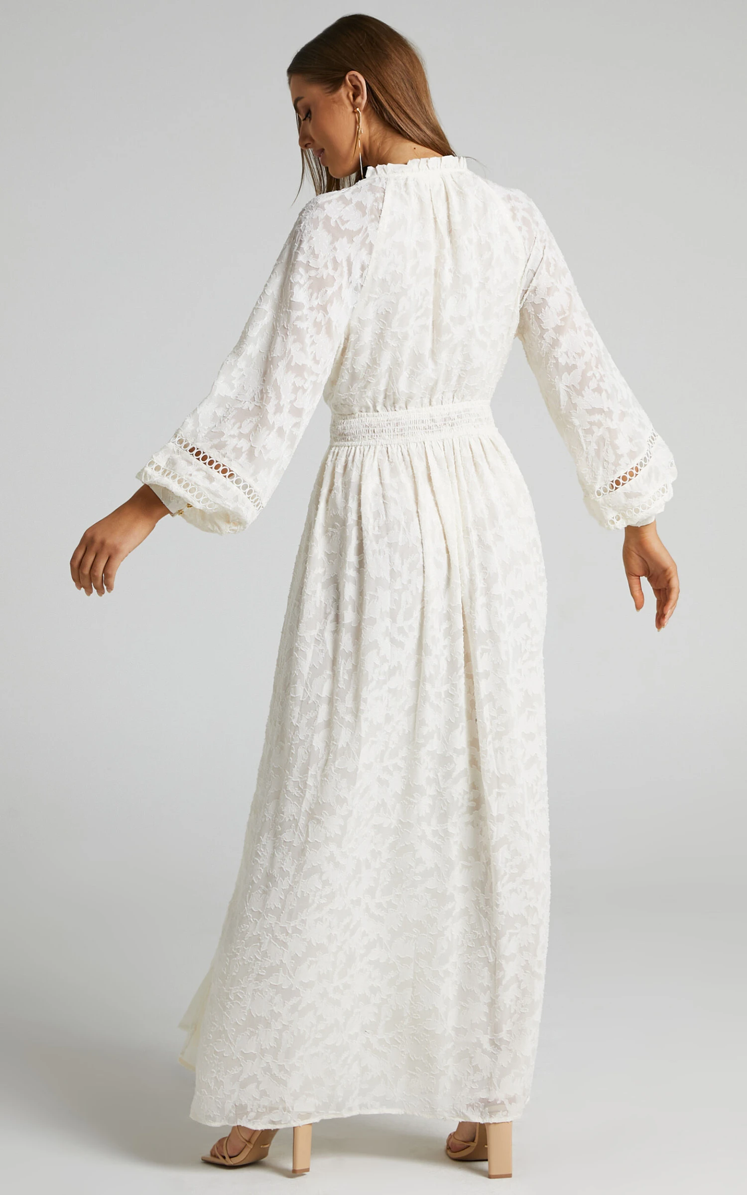 Showpo Abellita Plunge Neck Bishop Sleeve Broderie Trim Maxi Dress In Cream 5 Showpo Abellita Plunge Neck Bishop Sleeve Broderie Trim Maxi Dress In Cream - Image 5