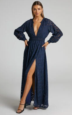 Showpo Abellita Plunge Neck Bishop Sleeve Broderie Trim Maxi Dress In Navy -Showpo Women's Clothing Store Abellita trim slit maxi dress in Navy 2528SD22030082022529