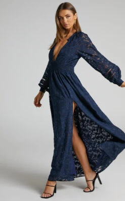 Showpo Abellita Plunge Neck Bishop Sleeve Broderie Trim Maxi Dress In Navy -Showpo Women's Clothing Store Abellita trim slit maxi dress in Navy 2528SD22030082022529 1