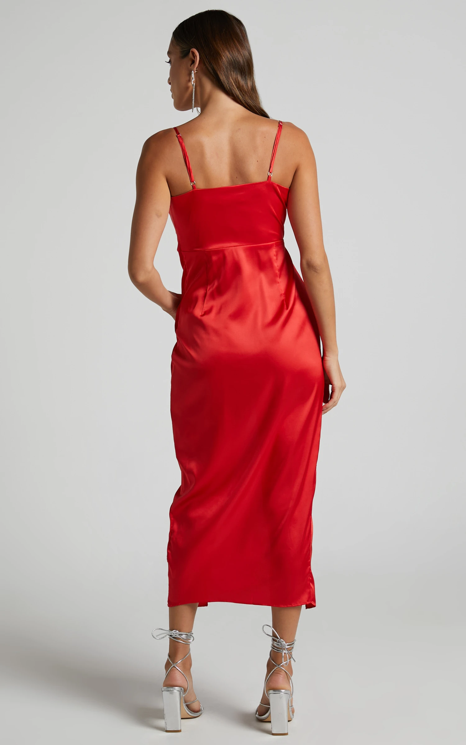 Showpo Abia Midi Dress - Satin V Neck Tuck Dress In Red - Image 8