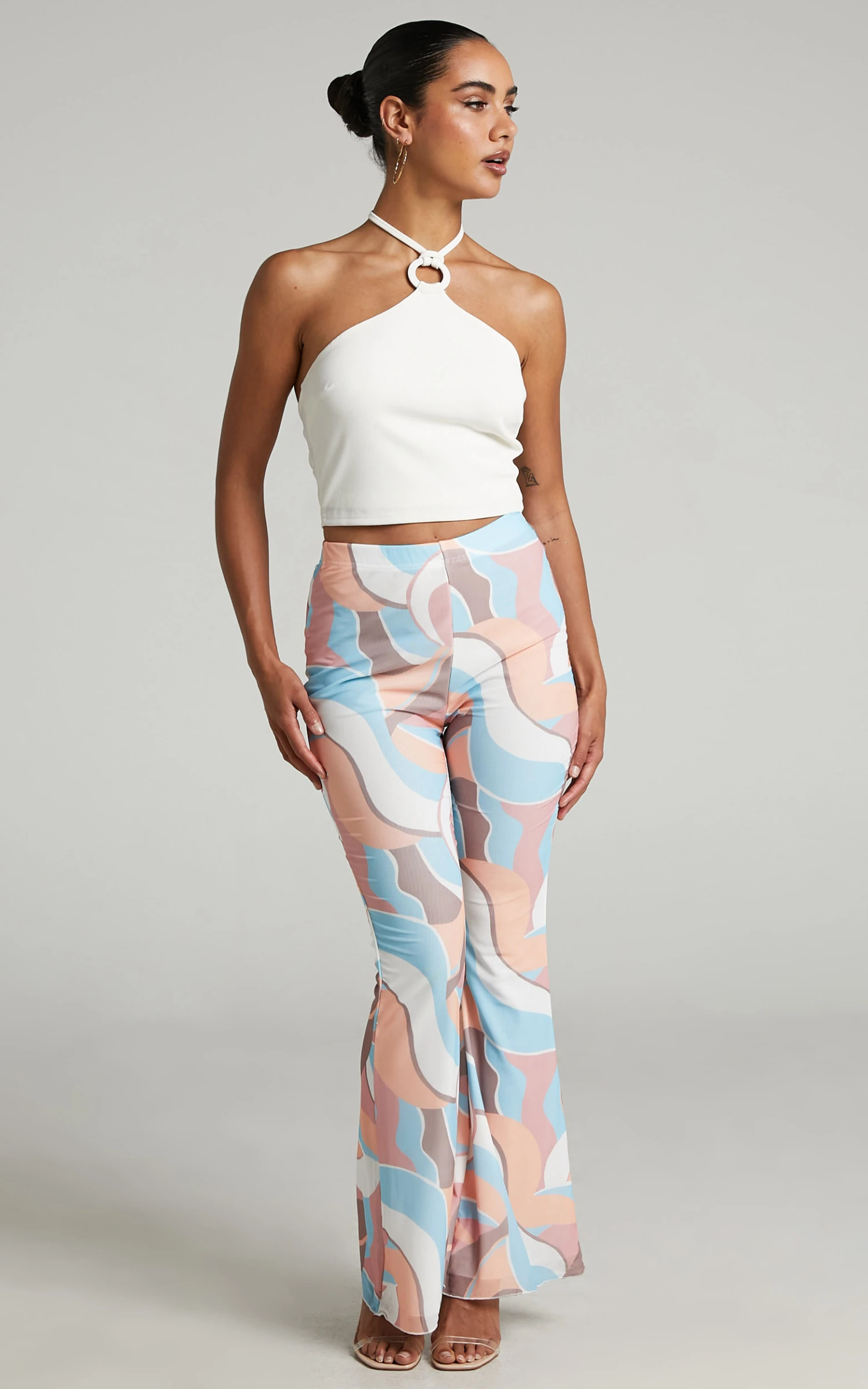 Showpo Adalene High Waisted Mesh Flare Pants In Stripe Print 4 Showpo Adalene High Waisted Mesh Flare Pants In Stripe Print - Image 4