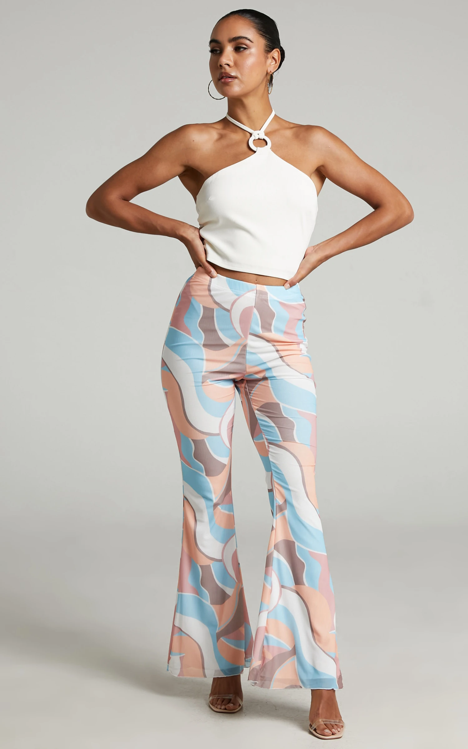 Showpo Adalene High Waisted Mesh Flare Pants In Stripe Print 2 Showpo Adalene High Waisted Mesh Flare Pants In Stripe Print - Image 2