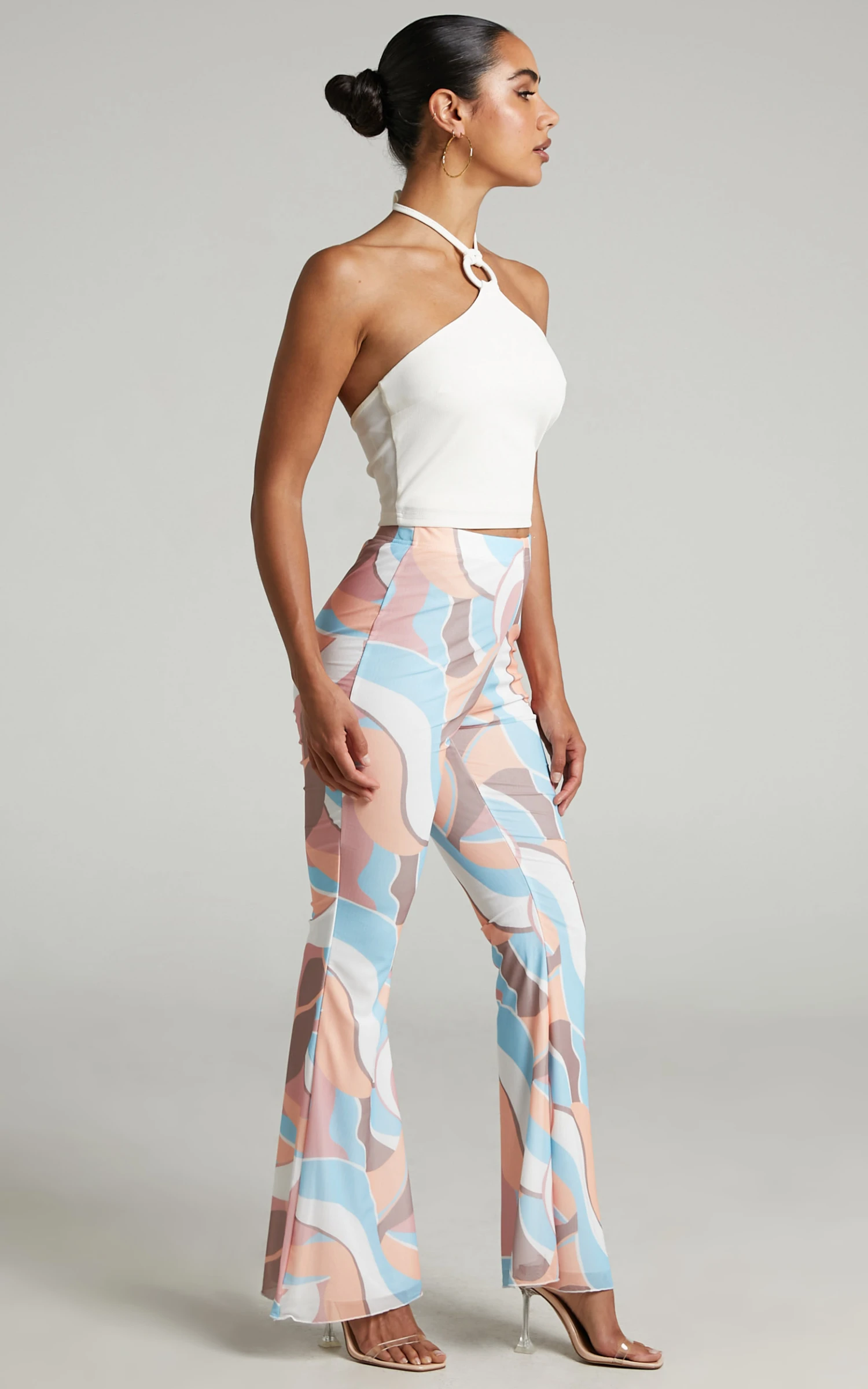 Showpo Adalene High Waisted Mesh Flare Pants In Stripe Print 6 Showpo Adalene High Waisted Mesh Flare Pants In Stripe Print - Image 6