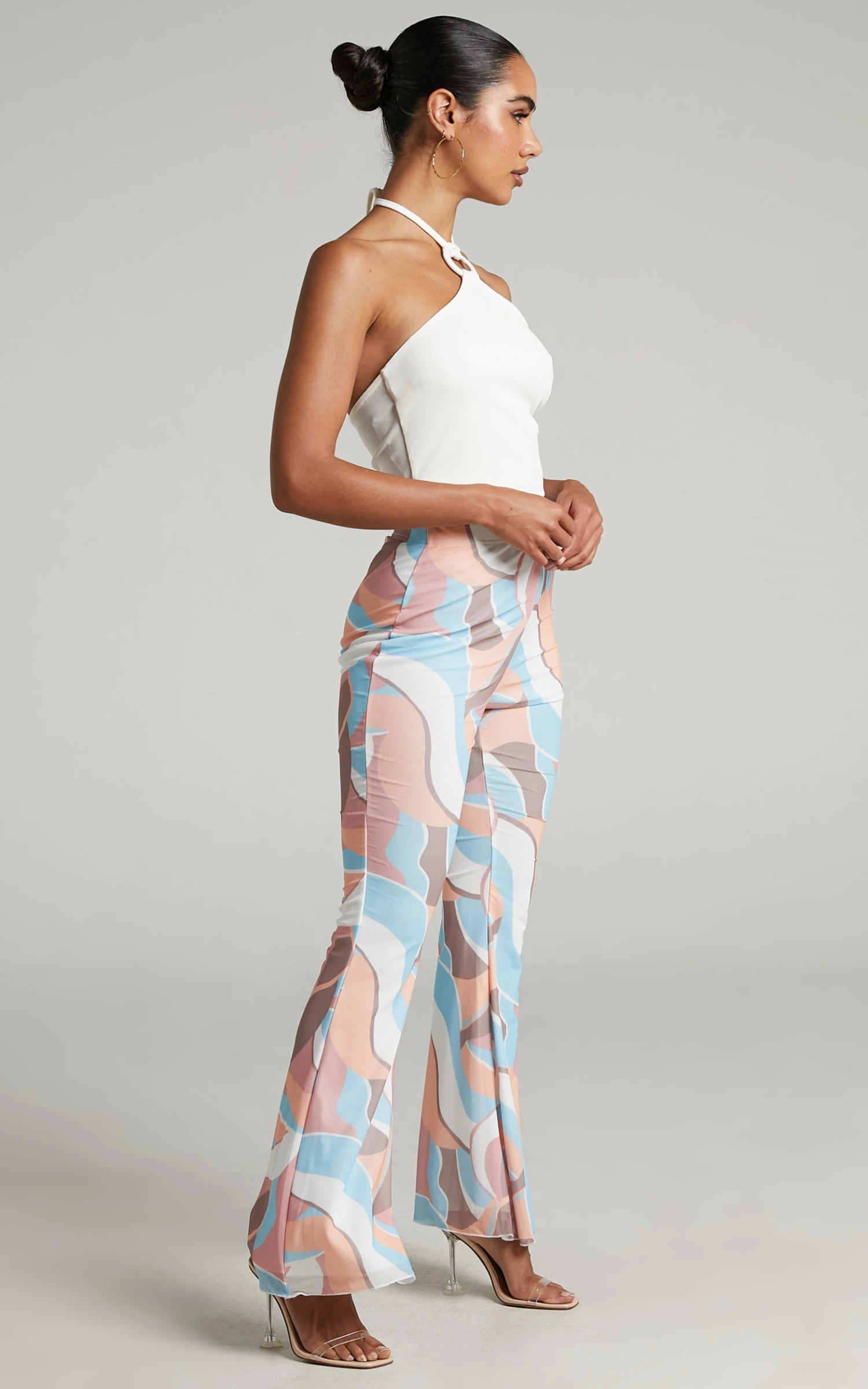 Showpo Adalene High Waisted Mesh Flare Pants In Stripe Print 7 Showpo Adalene High Waisted Mesh Flare Pants In Stripe Print - Image 7