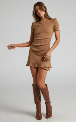 Showpo Airdrie Ribbed Puff Shoulder Short Sleeve Mini Dress In Brown 8 Showpo Airdrie Ribbed Puff Shoulder Short Sleeve Mini Dress In Brown -Showpo Women's Clothing Store Airdrie Ribbed Mini Dress with Puff Sleeves in Brown 2528SD22050093012529