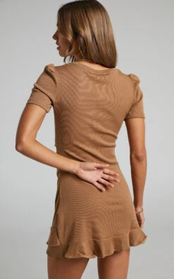 Showpo Airdrie Ribbed Puff Shoulder Short Sleeve Mini Dress In Brown 10 Showpo Airdrie Ribbed Puff Shoulder Short Sleeve Mini Dress In Brown -Showpo Women's Clothing Store Airdrie Ribbed Mini Dress with Puff Sleeves in Brown 2528SD22050093012529 3