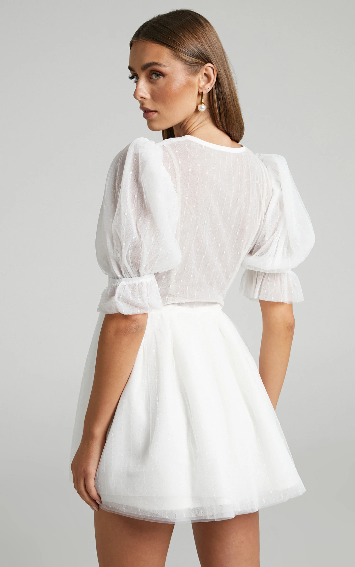 Showpo Akshia Mini Dress - Puff Sleeve Floral Detail Plunge Neck Dress In White 8 Showpo Akshia Mini Dress - Puff Sleeve Floral Detail Plunge Neck Dress In White - Image 8