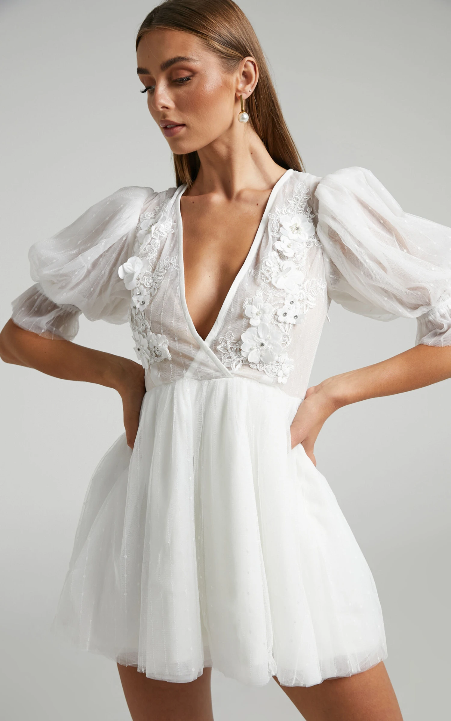 Showpo Akshia Mini Dress - Puff Sleeve Floral Detail Plunge Neck Dress In White 7 Showpo Akshia Mini Dress - Puff Sleeve Floral Detail Plunge Neck Dress In White - Image 7