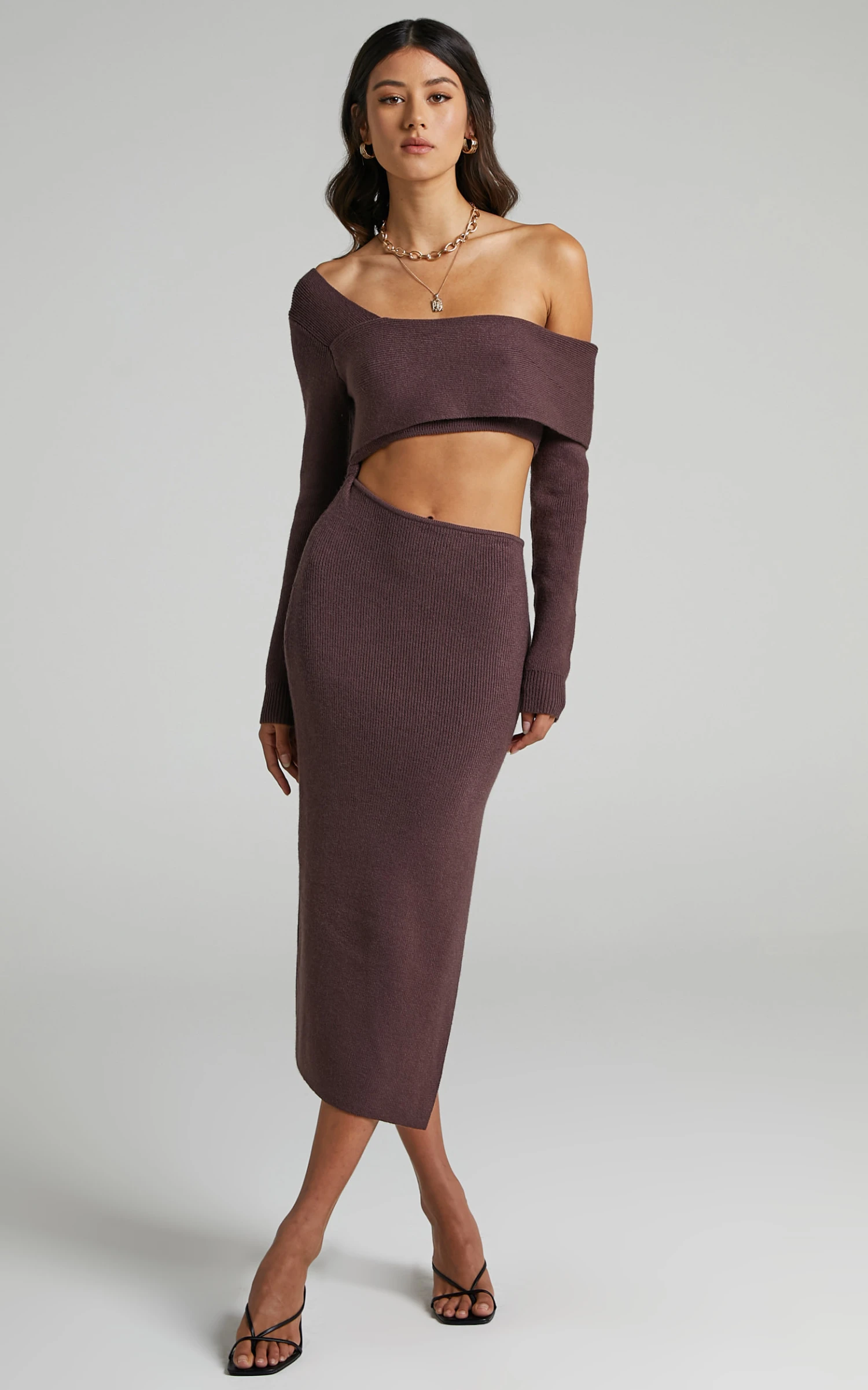 Showpo Alabama Midi Dress - Off One Shoulder Asymmetric Long Sleeve Knit Dress In Chocolate 4 Showpo Alabama Midi Dress - Off One Shoulder Asymmetric Long Sleeve Knit Dress In Chocolate - Image 4