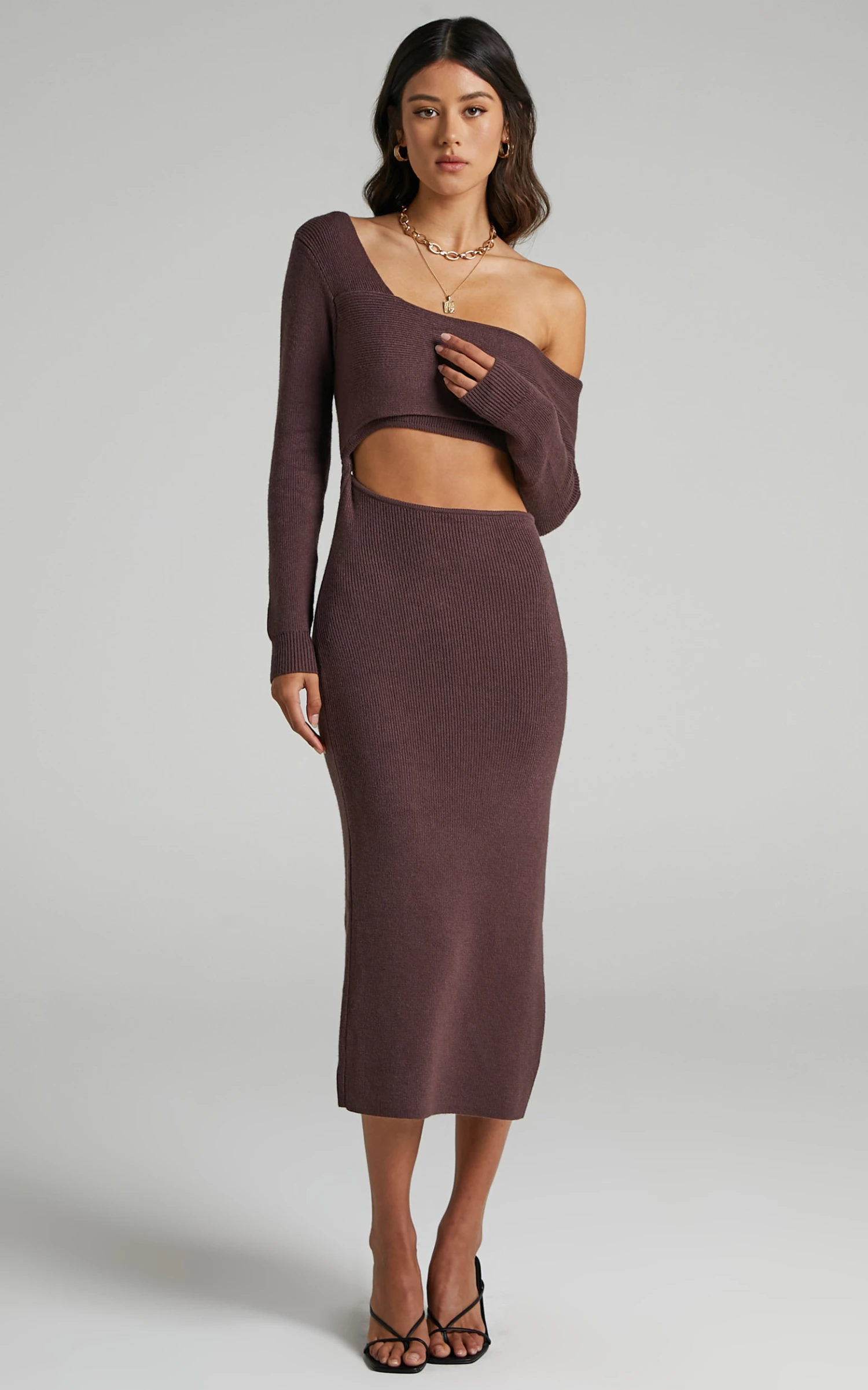 Showpo Alabama Midi Dress - Off One Shoulder Asymmetric Long Sleeve Knit Dress In Chocolate 6 Showpo Alabama Midi Dress - Off One Shoulder Asymmetric Long Sleeve Knit Dress In Chocolate - Image 6