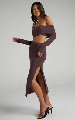 Showpo Alabama Midi Dress - Off One Shoulder Asymmetric Long Sleeve Knit Dress In Chocolate