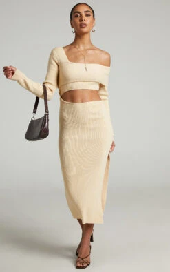 Showpo Alabama Midi Dress - Off One Shoulder Asymmetric Long Sleeve Knit Dress In Sand 15 Showpo Alabama Midi Dress - Off One Shoulder Asymmetric Long Sleeve Knit Dress In Sand -Showpo Women's Clothing Store Alabama Assymetrical Knit Midi Dress in Sand 2528SD21060066032529 4