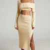 Showpo Alabama Midi Dress - Off One Shoulder Asymmetric Long Sleeve Knit Dress In Sand