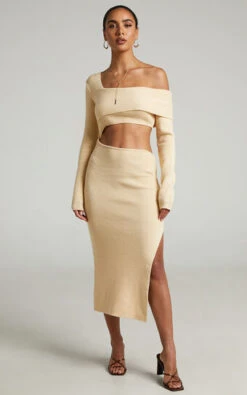 Showpo Alabama Midi Dress - Off One Shoulder Asymmetric Long Sleeve Knit Dress In Sand