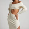 Showpo Alabama Midi Dress - Off One Shoulder Asymmetric Long Sleeve Knit Dress In Beige