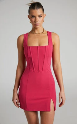Showpo Aleyna Panelled Corset Side Split Mini Dress In Hot Pink