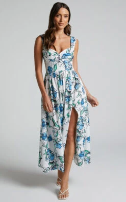 Showpo Alezia Midi Dress - Thigh Split Sweetheart Corset Dress In Brush Stroke Floral