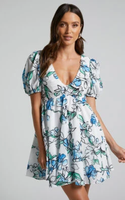 Showpo Alezia Mini Dress - Deep V Neck Puff Sleeve Dress In Brush Stroke Floral -Showpo Women's Clothing Store Alezia Mini Dress Deep V Neck Puff Sleeve Dress in Brush Stroke Floral 2