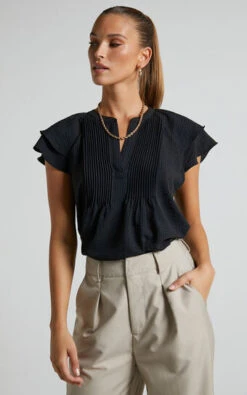 Showpo Alva V Neck Frill Short Sleeve Top In Black