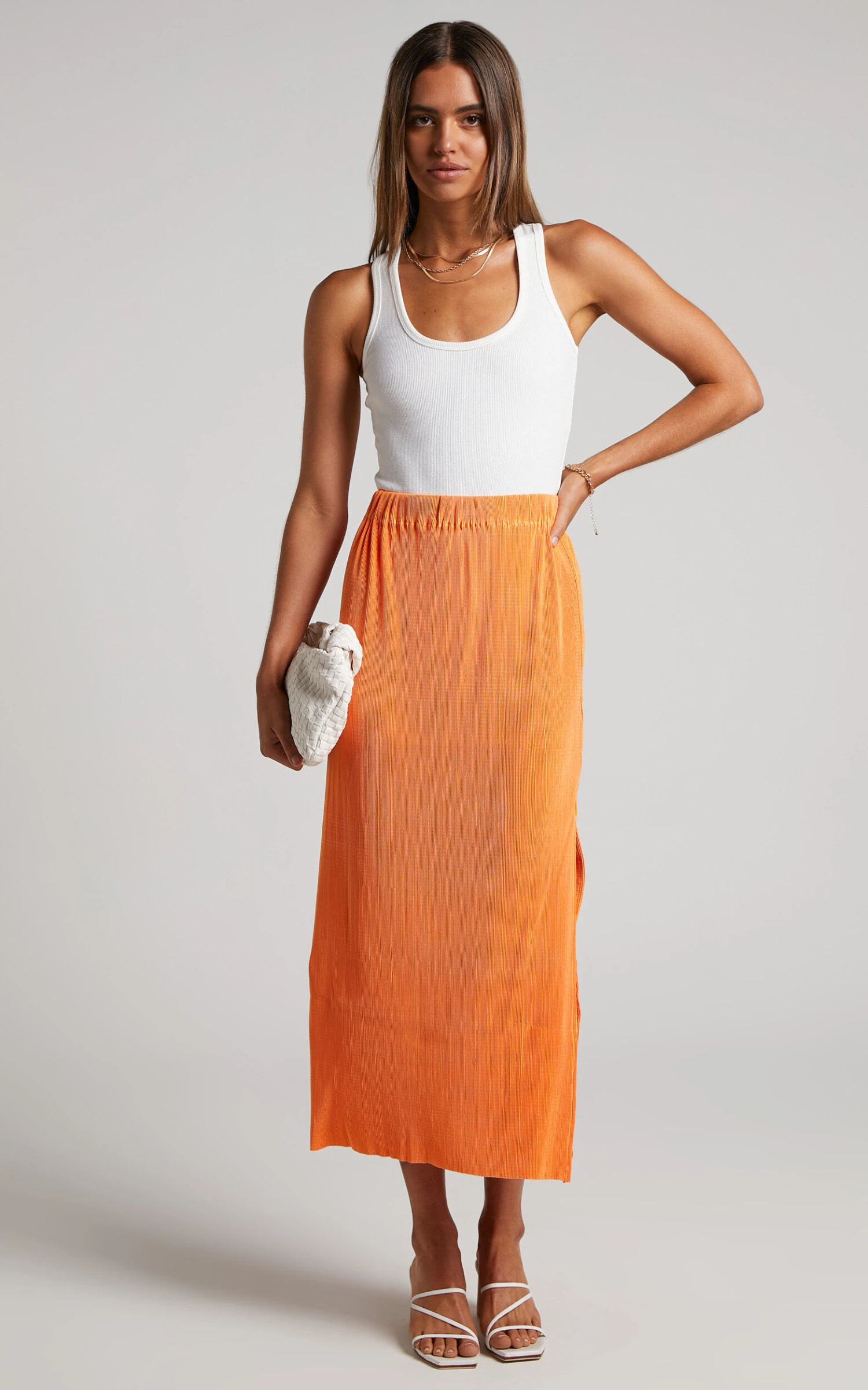Showpo Amarante Midi Skirt - Side Split Plisse Skirt In Orange 3 Showpo Amarante Midi Skirt - Side Split Plisse Skirt In Orange - Image 3