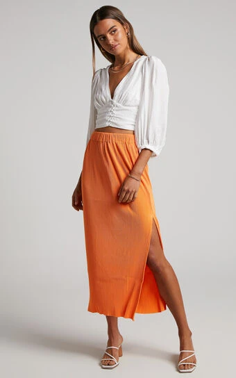 Showpo Amarante Midi Skirt - Side Split Plisse Skirt In Orange 1 Showpo Amarante Midi Skirt - Side Split Plisse Skirt In Orange