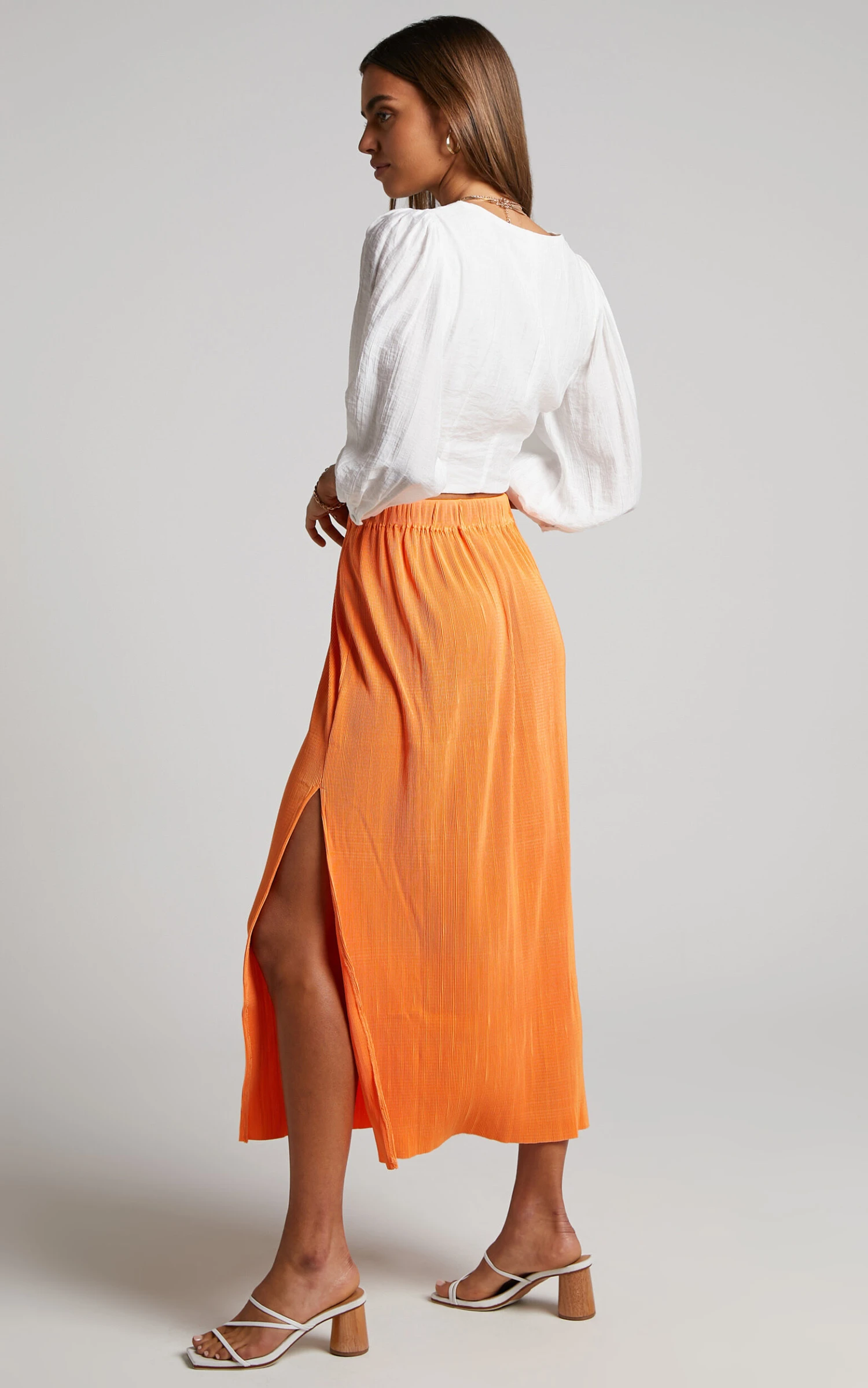 Showpo Amarante Midi Skirt - Side Split Plisse Skirt In Orange 5 Showpo Amarante Midi Skirt - Side Split Plisse Skirt In Orange - Image 5