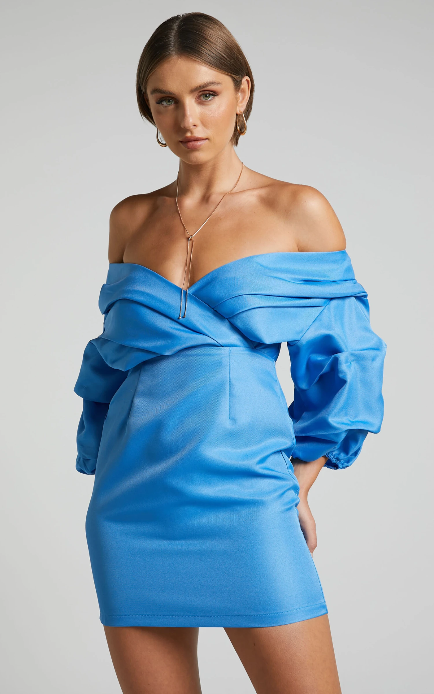 Showpo Anastasija Mini Dress - Off Shoulder V Neck Dress In Blue 2 Showpo Anastasija Mini Dress - Off Shoulder V Neck Dress In Blue - Image 2