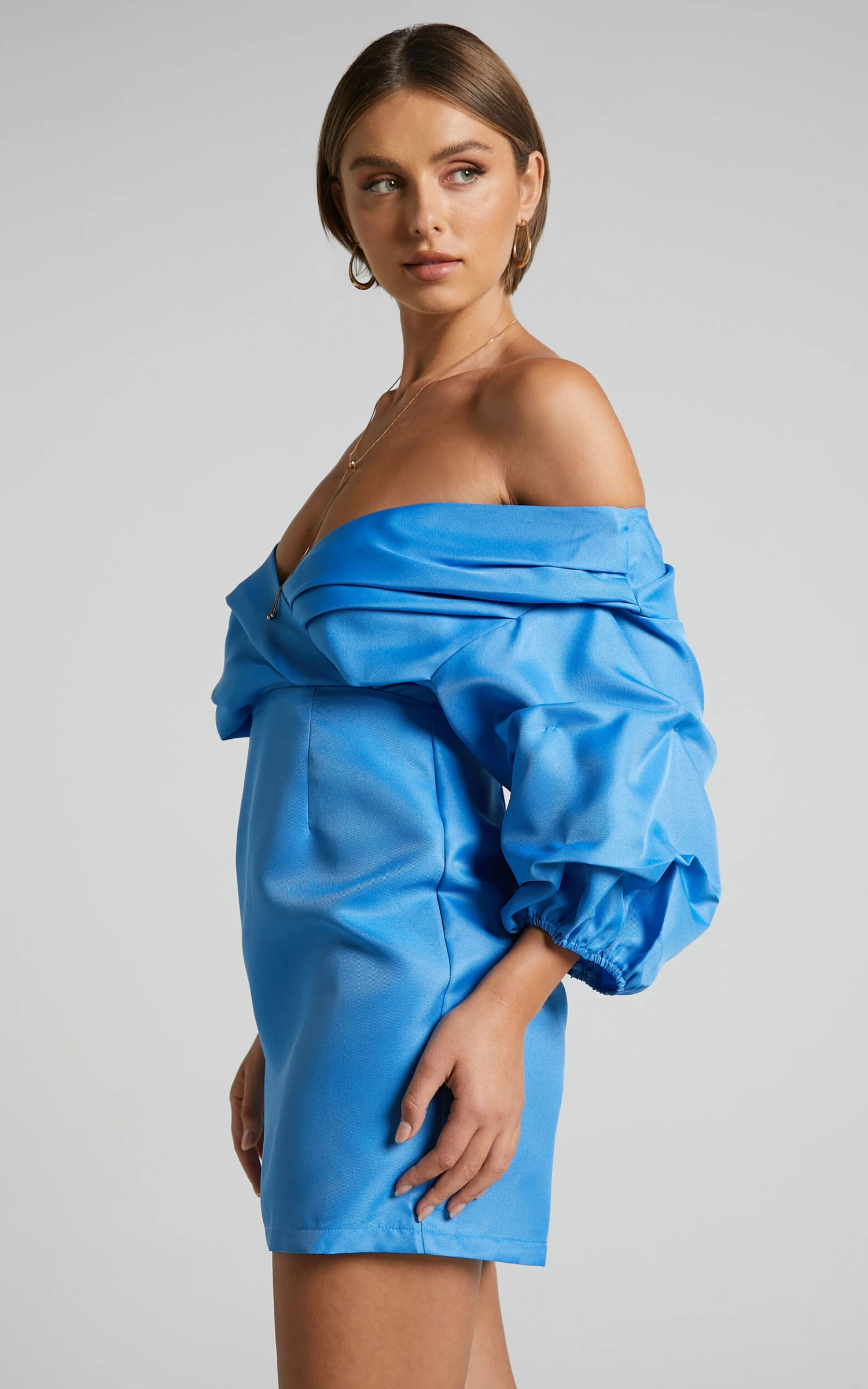 Showpo Anastasija Mini Dress - Off Shoulder V Neck Dress In Blue 5 Showpo Anastasija Mini Dress - Off Shoulder V Neck Dress In Blue - Image 5