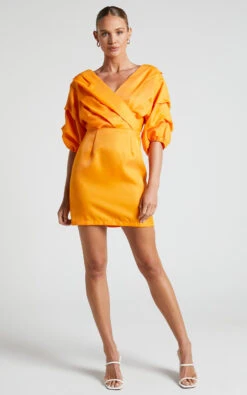 Showpo Anastasija Mini Dress - Off Shoulder V Neck Dress In Mango 10 Showpo Anastasija Mini Dress - Off Shoulder V Neck Dress In Mango -Showpo Women's Clothing Store Anastasija Off Shoulder Mini Dress in Mango