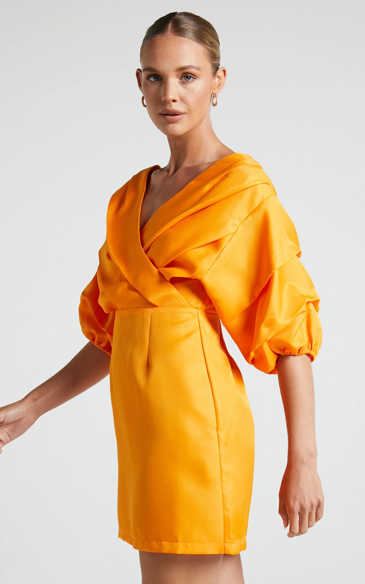 Showpo Anastasija Mini Dress - Off Shoulder V Neck Dress In Mango 4 Showpo Anastasija Mini Dress - Off Shoulder V Neck Dress In Mango - Image 4