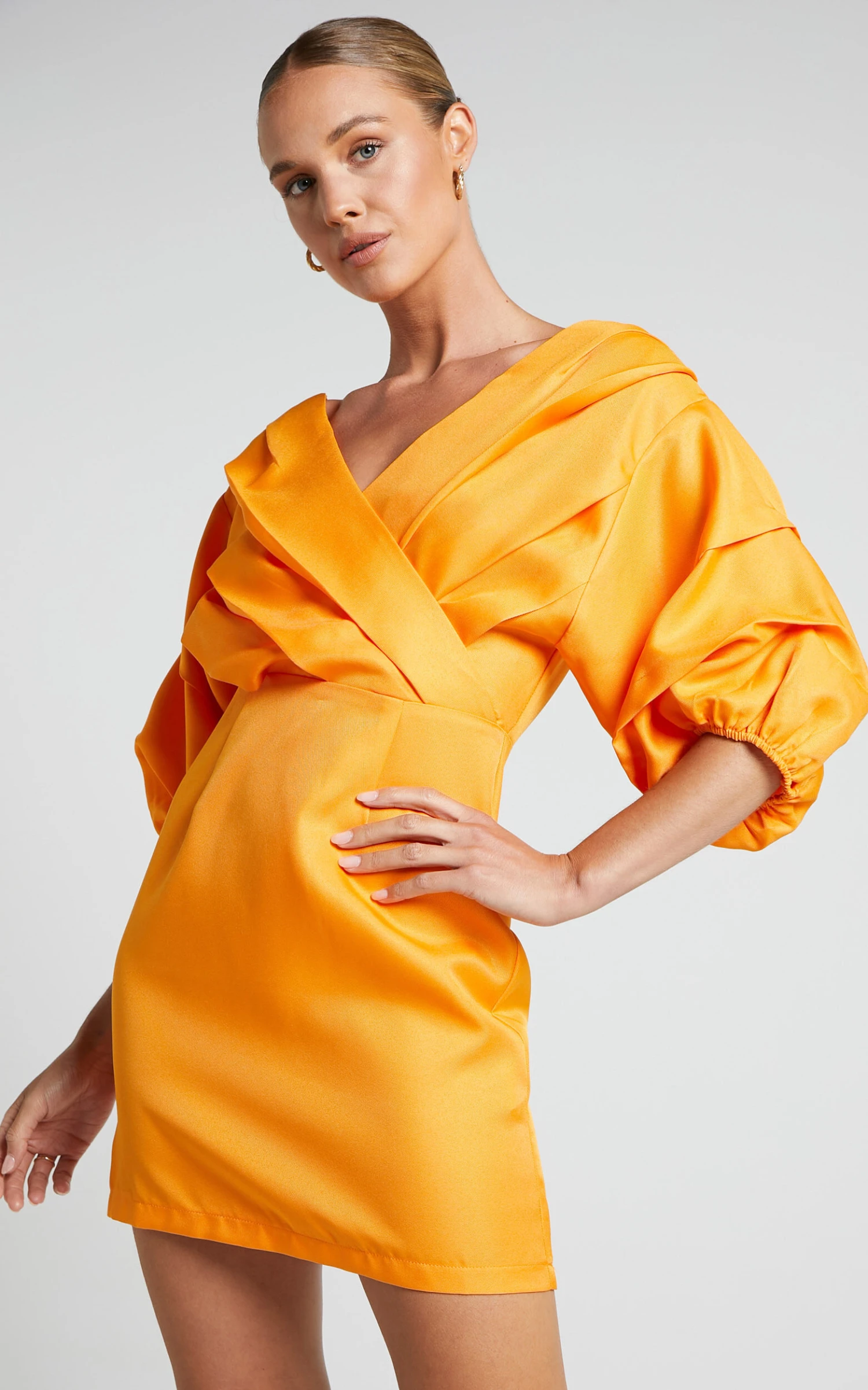 Showpo Anastasija Mini Dress - Off Shoulder V Neck Dress In Mango 2 Showpo Anastasija Mini Dress - Off Shoulder V Neck Dress In Mango - Image 2