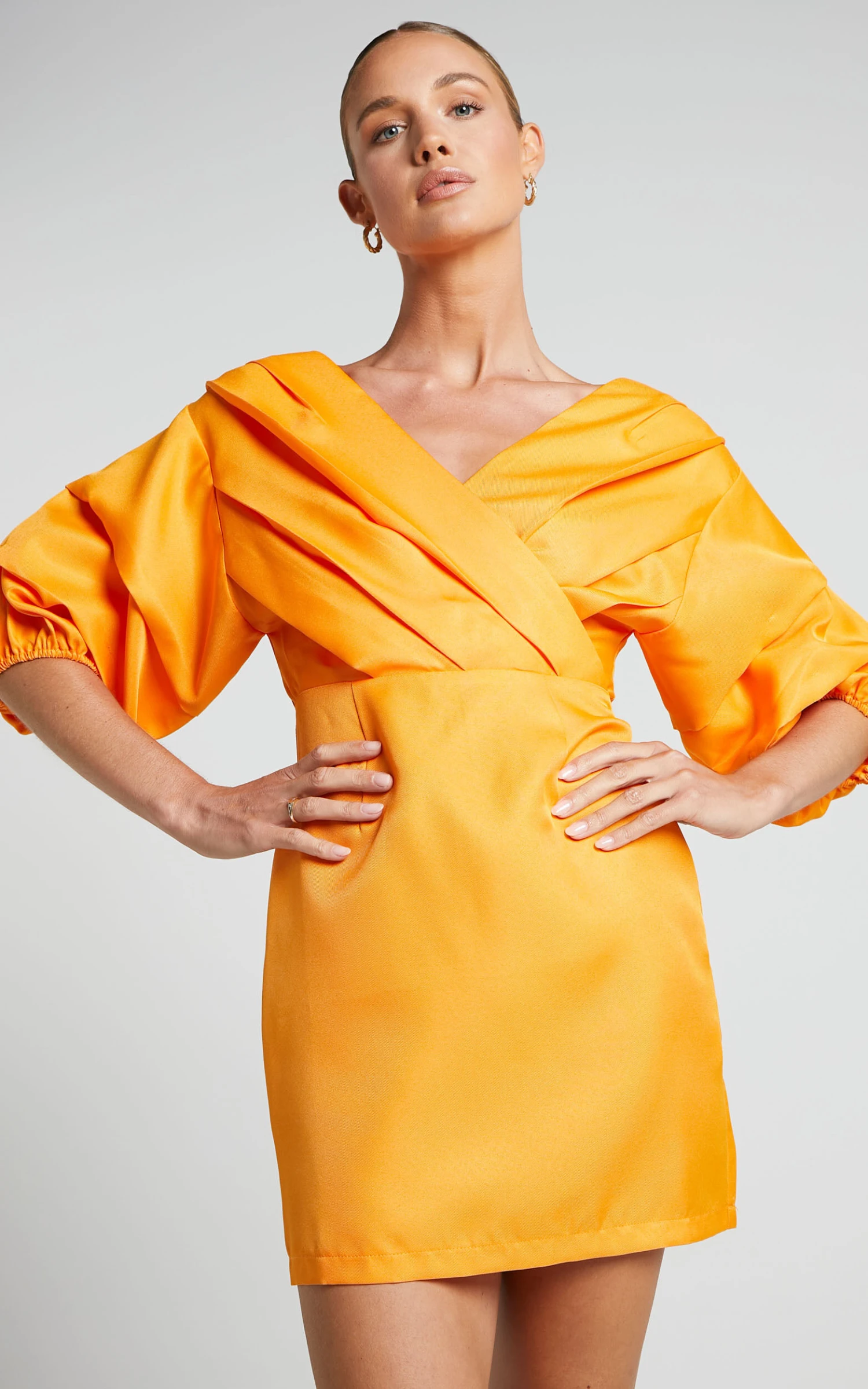 Showpo Anastasija Mini Dress - Off Shoulder V Neck Dress In Mango 5 Showpo Anastasija Mini Dress - Off Shoulder V Neck Dress In Mango - Image 5