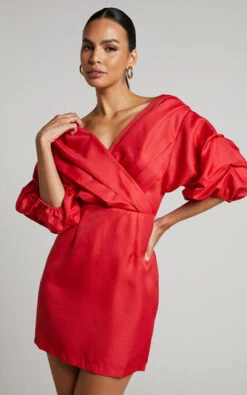 Showpo Anastasija Mini Dress - Off Shoulder V Neck Dress In Red
