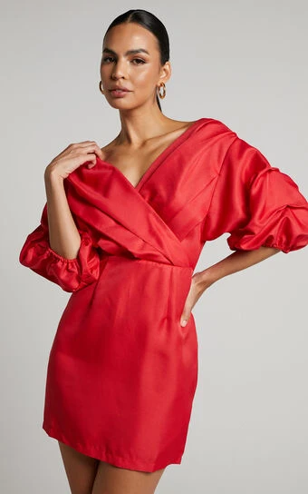 Showpo Anastasija Mini Dress - Off Shoulder V Neck Dress In Red 1 Showpo Anastasija Mini Dress - Off Shoulder V Neck Dress In Red