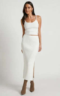 Showpo Andalucia Ribbed Side Split Midi Skirt In Cream