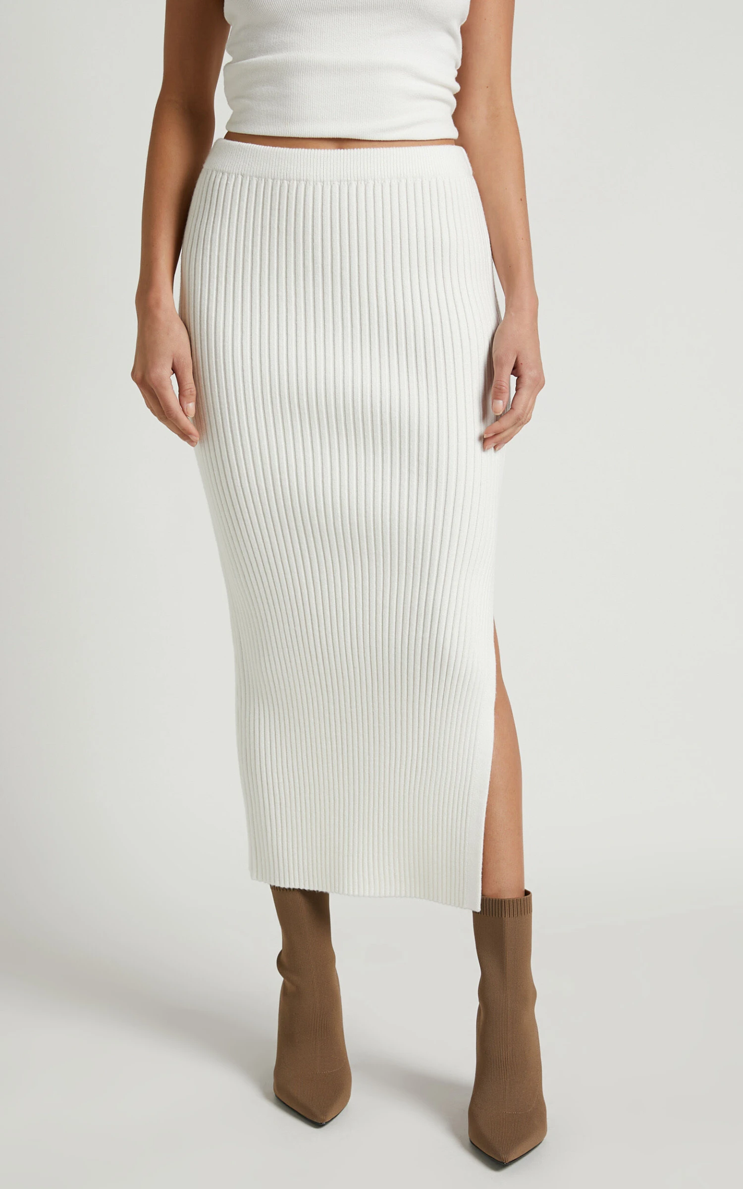 Showpo Andalucia Ribbed Side Split Midi Skirt In Cream 3 Showpo Andalucia Ribbed Side Split Midi Skirt In Cream - Image 3