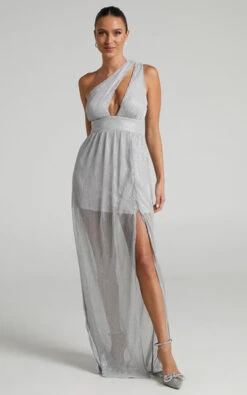 Showpo Anicee Cut Out One Shoulder Plisse Maxi Dress In Silver